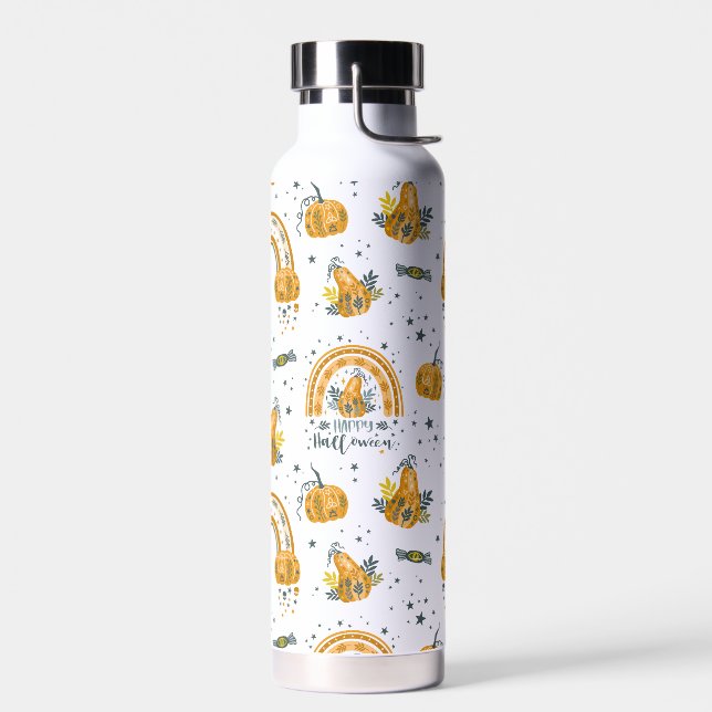 Halloween rainbow, pumpkins seamless pattern water bottle (Left)