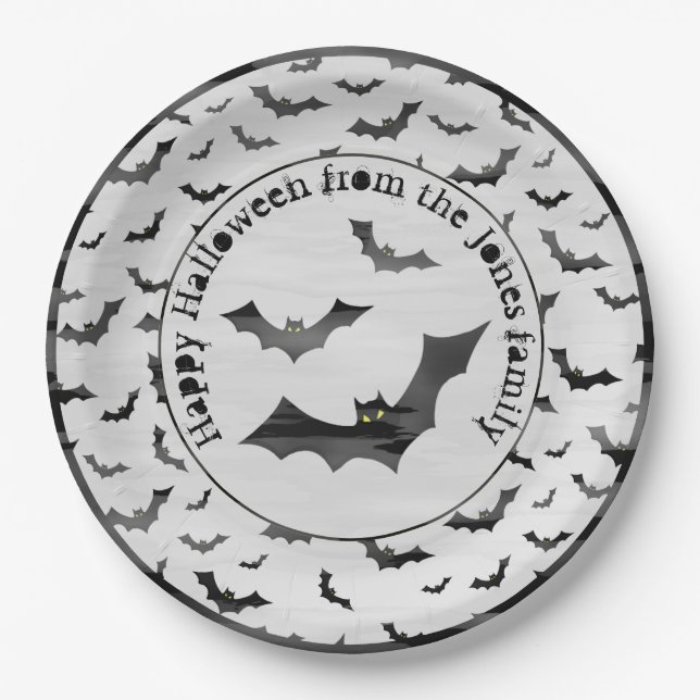 Halloween Random Iconic Bats Pattern Black/White Paper Plates (Front)