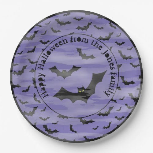 Halloween Random Iconic Bats Pattern PurpleBlack Paper Plates