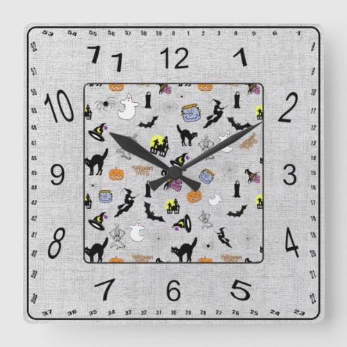 Halloween Random Iconic Pattern Gray Textured Square Wall Clock