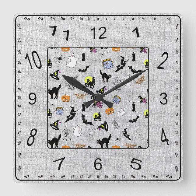 Halloween Random Iconic Pattern Gray Textured Square Wall Clock (Front)