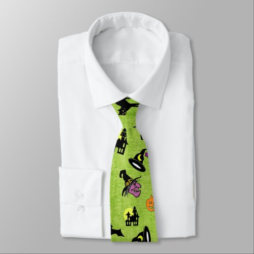 Halloween Random Iconic Pattern Green BG Tie