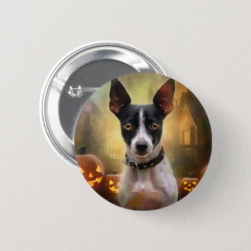 Halloween Rat Terrier With Pumpkins Scary Button