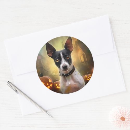 Halloween Rat Terrier With Pumpkins Scary Classic Round Sticker