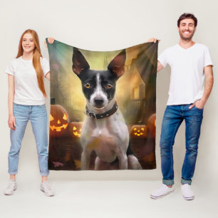 Halloween Rat Terrier With Pumpkins Scary Fleece Blanket