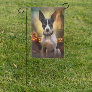 Halloween Rat Terrier With Pumpkins Scary Garden Flag