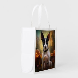 Halloween Rat Terrier With Pumpkins Scary Grocery Bag