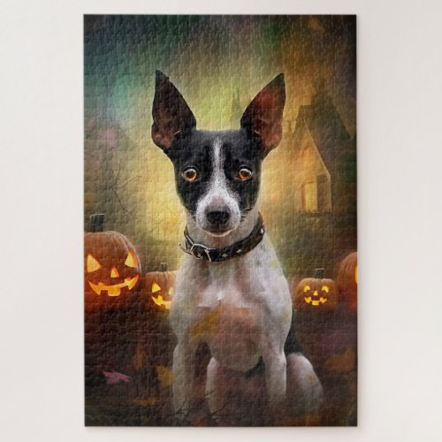 Halloween Rat Terrier With Pumpkins Scary Jigsaw Puzzle