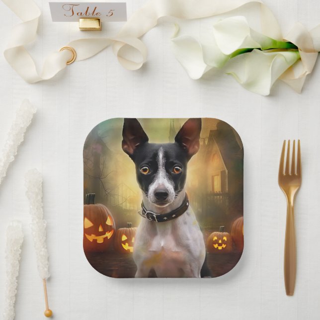 Halloween Rat Terrier With Pumpkins Scary Paper Plates (Wedding)