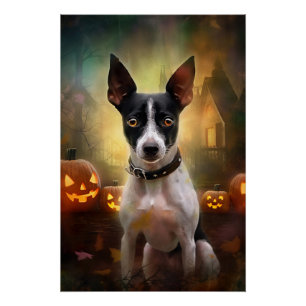 Halloween Rat Terrier With Pumpkins Scary Poster