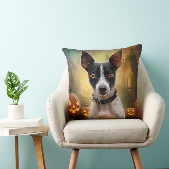 Halloween Rat Terrier With Pumpkins Scary Throw Pillow (Chair)