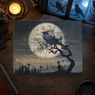 Halloween Raven at Night with Moon Spooky Jigsaw Puzzle