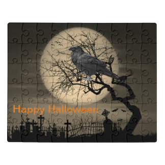Halloween Raven at Night with Moon Spooky Jigsaw Puzzle