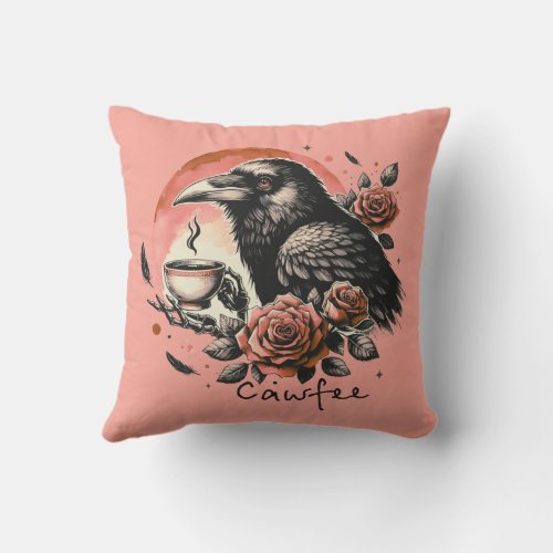 Halloween Raven Crow Coffee Roses Pink Orange Throw Pillow