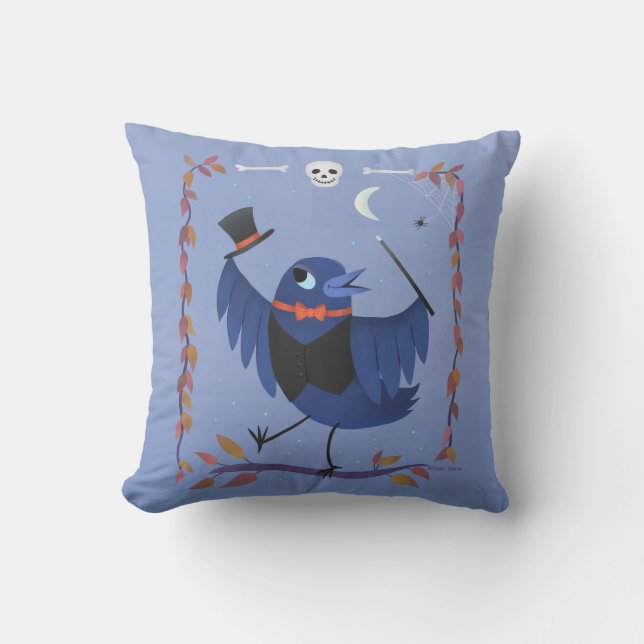 Halloween Raven Crow Moon Blue Throw Pillow (Front)