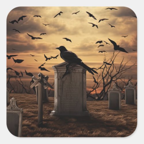 Halloween Raven Graveyard Cemetery Gothic Square Sticker