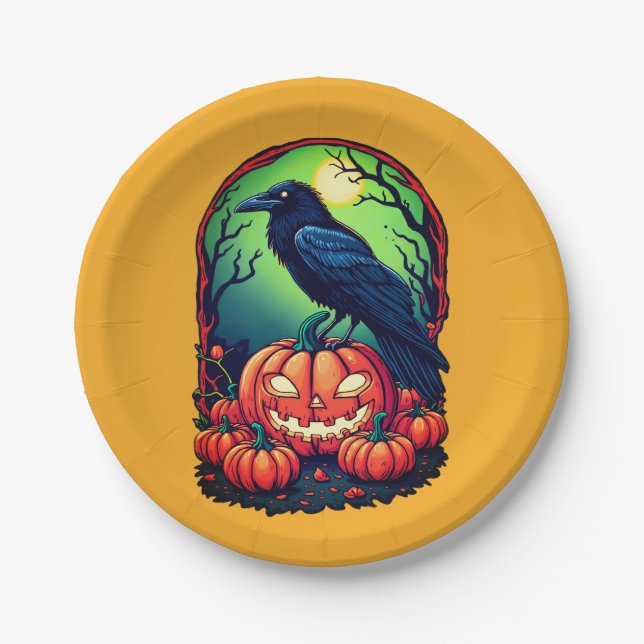 Halloween Raven in a Pumpkin Patch Paper Plates (Front)