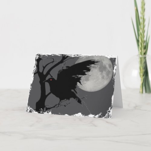 Halloween Raven in Branch with Full Moon Card