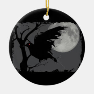 Halloween Raven in Branch with Full Moon Ceramic Ornament