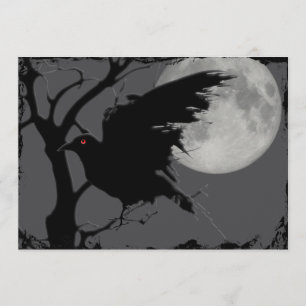 Halloween Raven in Branch with Full Moon Invitation