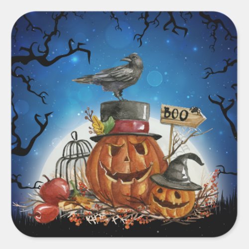 Halloween Raven Pumpkin Party Square Sticker