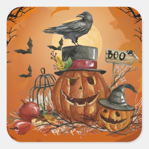Halloween Raven Pumpkin Party Square Sticker