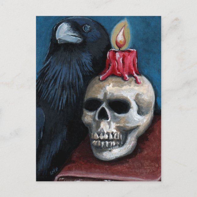 Halloween Raven, Skull & Candle Painting Postcard (Front)