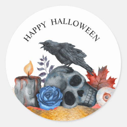 Halloween raven skull eyeball watercolour  classic round sticker