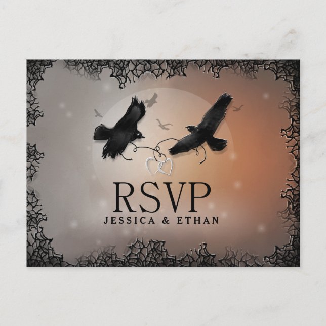 Halloween Ravens Wedding RSVP Matching PostCard (Front)