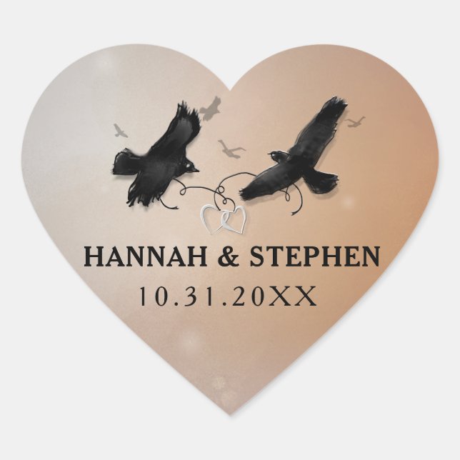 Halloween Ravens with Hearts Wedding Heart Sticker (Front)