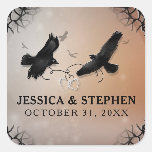 Halloween Ravens with Hearts Wedding Square Square Sticker (Front)