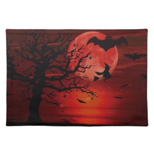 Halloween Red Full Moon Black Tree Witch Bat Scary Cloth Placemat
