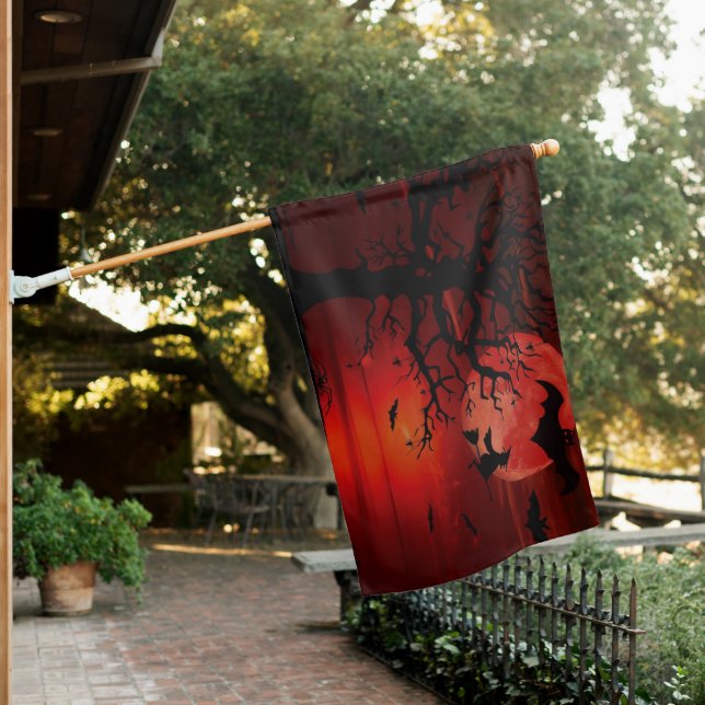Halloween Red Full Moon Black Tree Witch Bat Scary House Flag (In SItu)