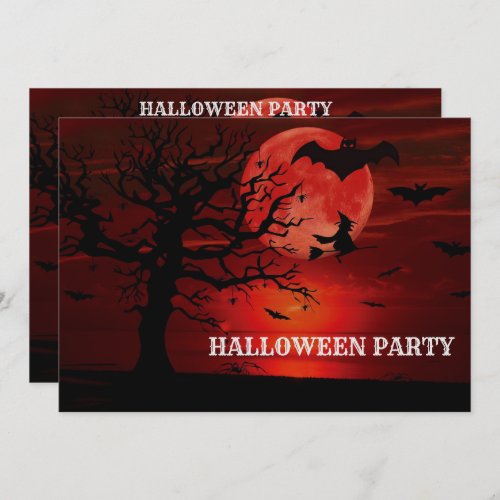 Halloween Red Full Moon Black Tree Witch Bat Scary Invitation