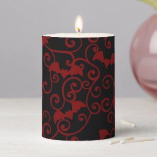 Halloween Red Gothic Bats on Black Pillar Candle