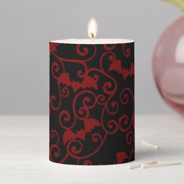 Halloween Red Gothic Bats on Black  Pillar Candle (In Situ)