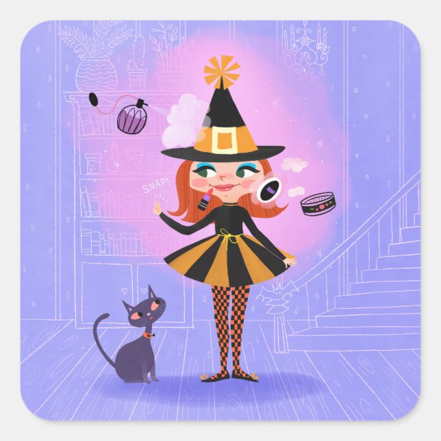 Halloween Red Hair Witch Lavender & Pink  Square Sticker (Front)