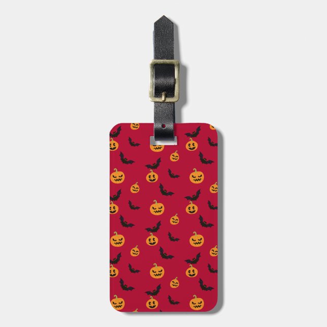 Halloween Red Pumpkin and Bat Pattern Luggage Tag (Front Vertical)