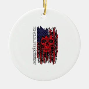 Halloween Red Skull American Flag Spider Webs Bats Ceramic Ornament