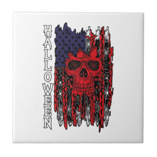 Halloween Red Skull American Flag Spider Webs Bats Ceramic Tile