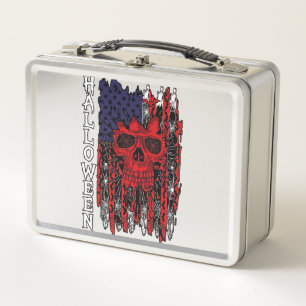 Halloween Red Skull American Flag Spider Webs Bats Metal Lunch Box