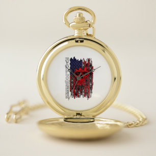Halloween Red Skull American Flag Spider Webs Bats Pocket Watch
