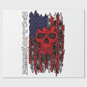 Halloween Red Skull American Flag Spider Webs Bats Wrapping Paper