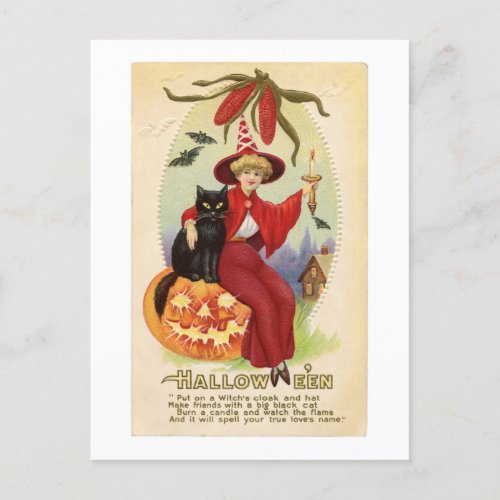 Halloween Red Witch and Black Cat Vintage Postcard