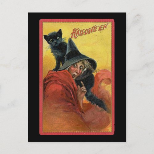 Halloween Red Witch  Black Cat Vintage Postcard