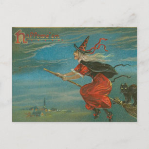 Halloween Red Witch on Broom Black Cat Vintage Postcard