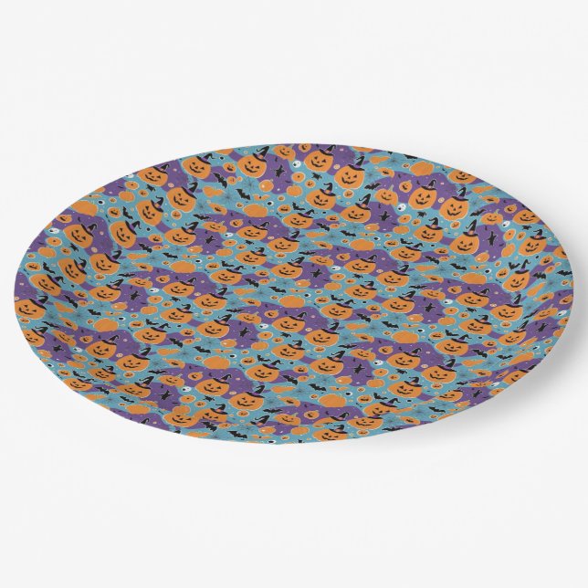 Halloween repeating pattern with pumpkins paper plates (Angled)