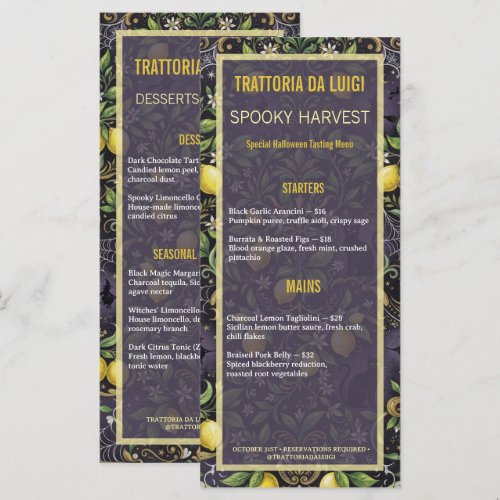 Halloween Restaurant Menu Gothic Botanical Lemon