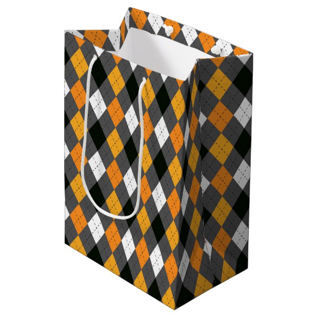 Halloween Retro Argyle Orange Black Gray White Medium Gift Bag (Front Angled)
