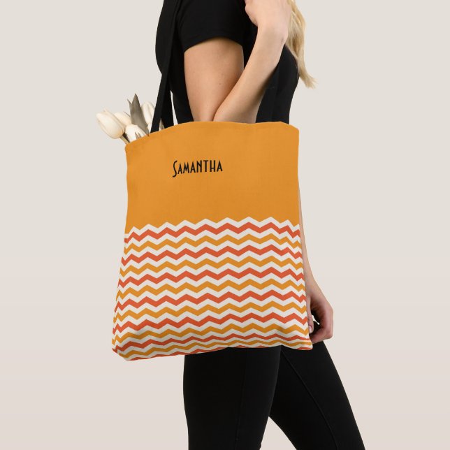 Halloween Retro Chevron Bright Orange White Name Tote Bag (Close Up)